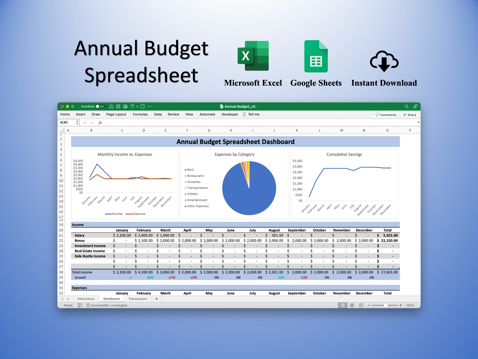 Budget Spreadsheet for Microsoft Excel & Google Sheets (Blue) - Track Finances