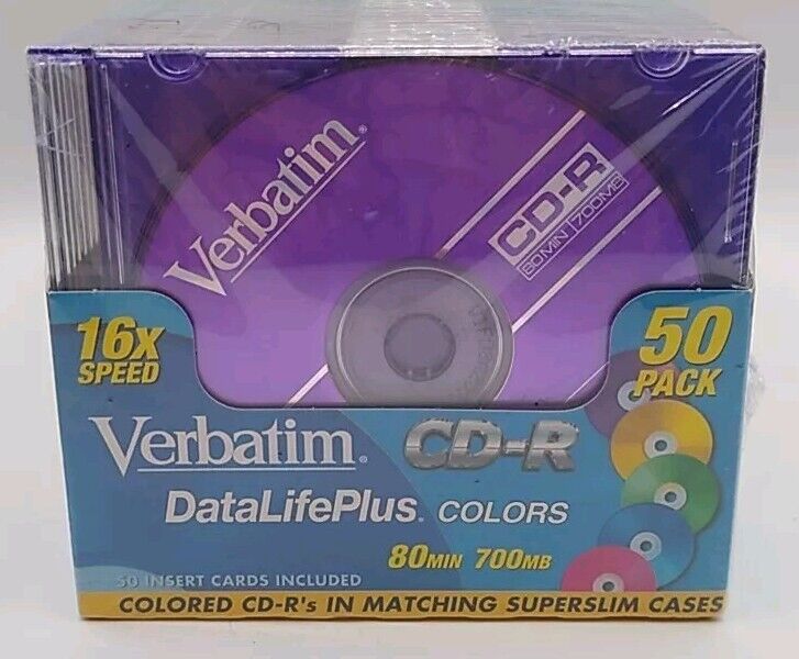 VERBATIM 50 PACK COLORS CD-R BLANK DISCS #93935~80 MINS.~700MB~SUPER SLIM