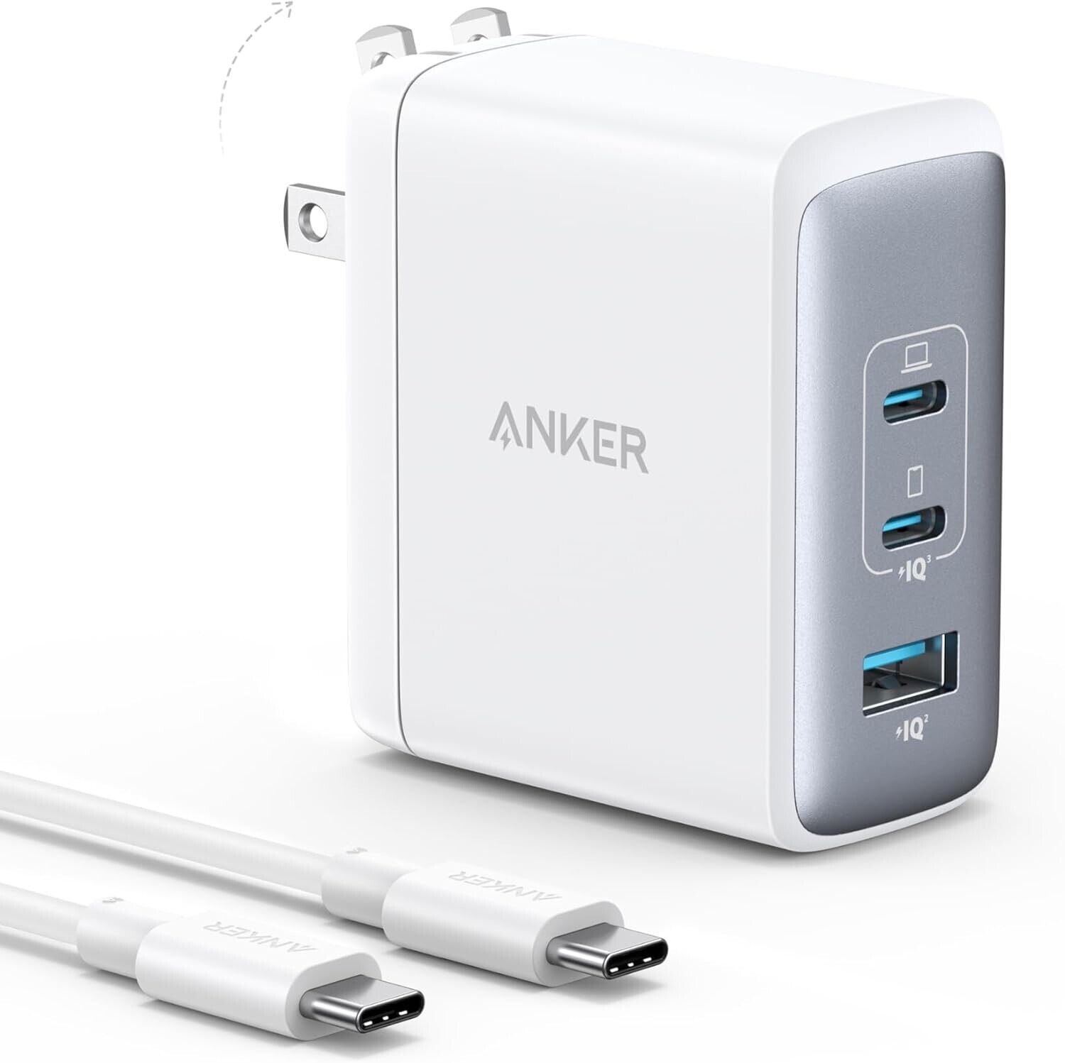Anker 100W USB-C Wall Charger 3-Ports GaN II Tech Fast Charging+5ft USB-C Cable
