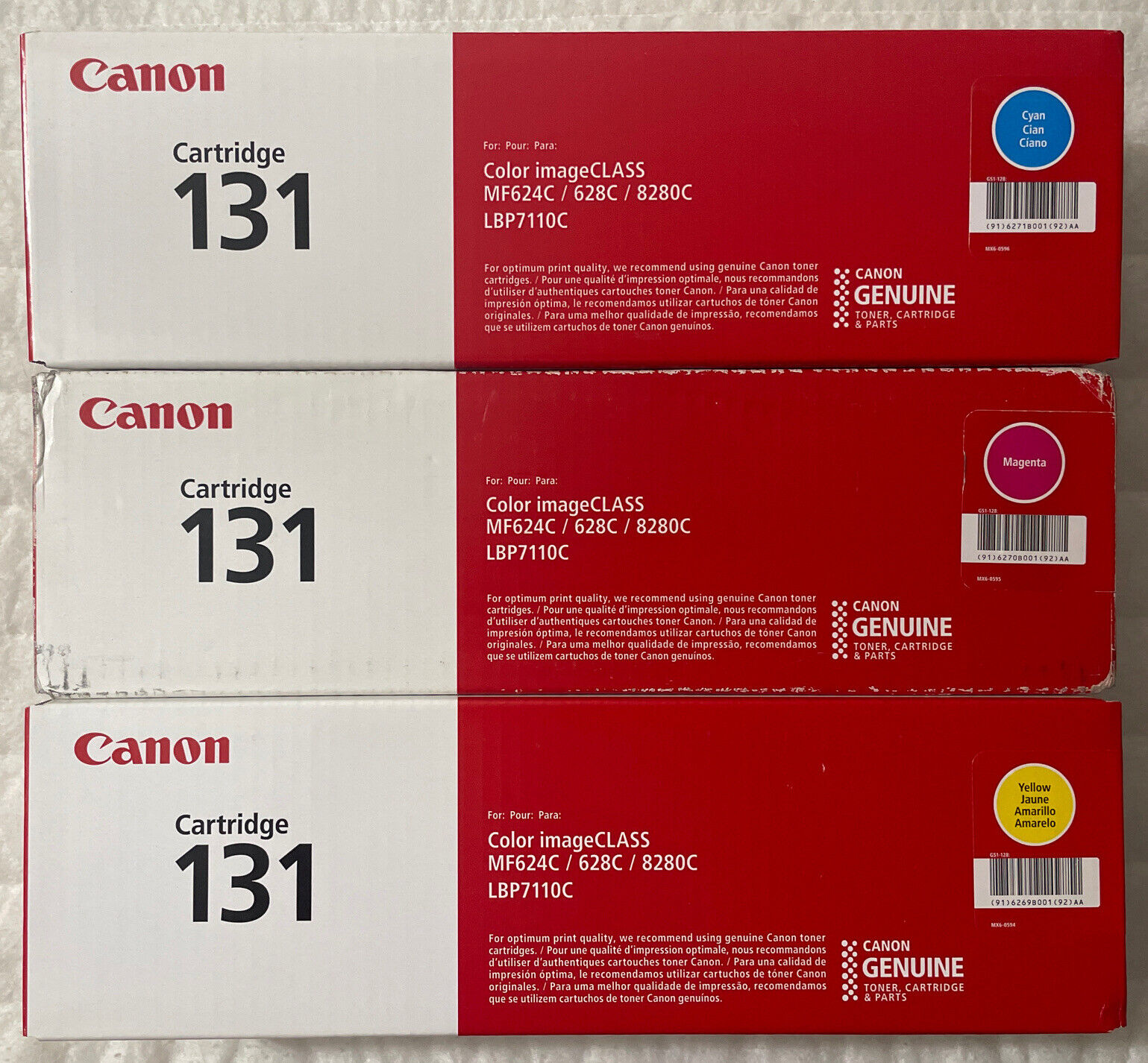Canon 131 Cyan Magenta Yellow Toner Set 6270B004 OEM Sealed Retail Boxes 2392928