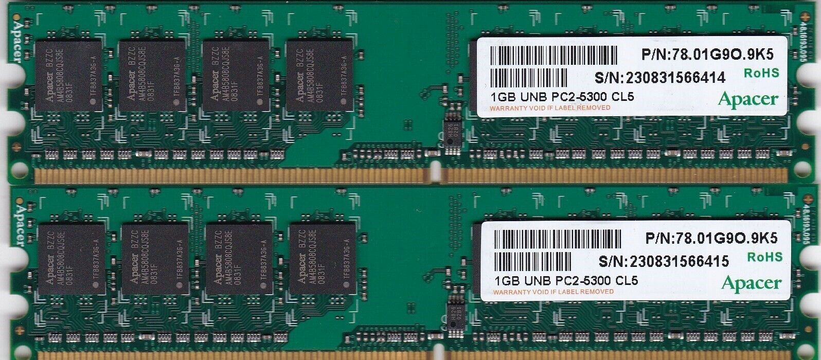2GB 2x1GB PC2 5300 APACER DDR2-667 78.01G9O.9K5 Desktop Ram Memory Kit 240-Pin