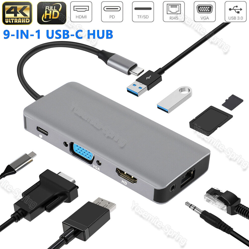 9in1 USB Type C Hub USB3.0 4K HDMI RJ45 SD/TF Dongle Adapter for Macbook Pro Air