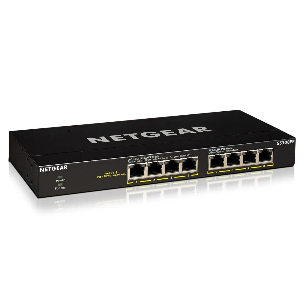 NETGEAR BUSINESS GS308PP 8-Port Gigabit Ethernet Unmanaged Switch PoE, Black