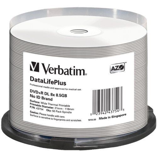 Verbatim DVD+R DL 8.5GB 8X DataLifePlus White Thermal Printable - 50pk Spindle