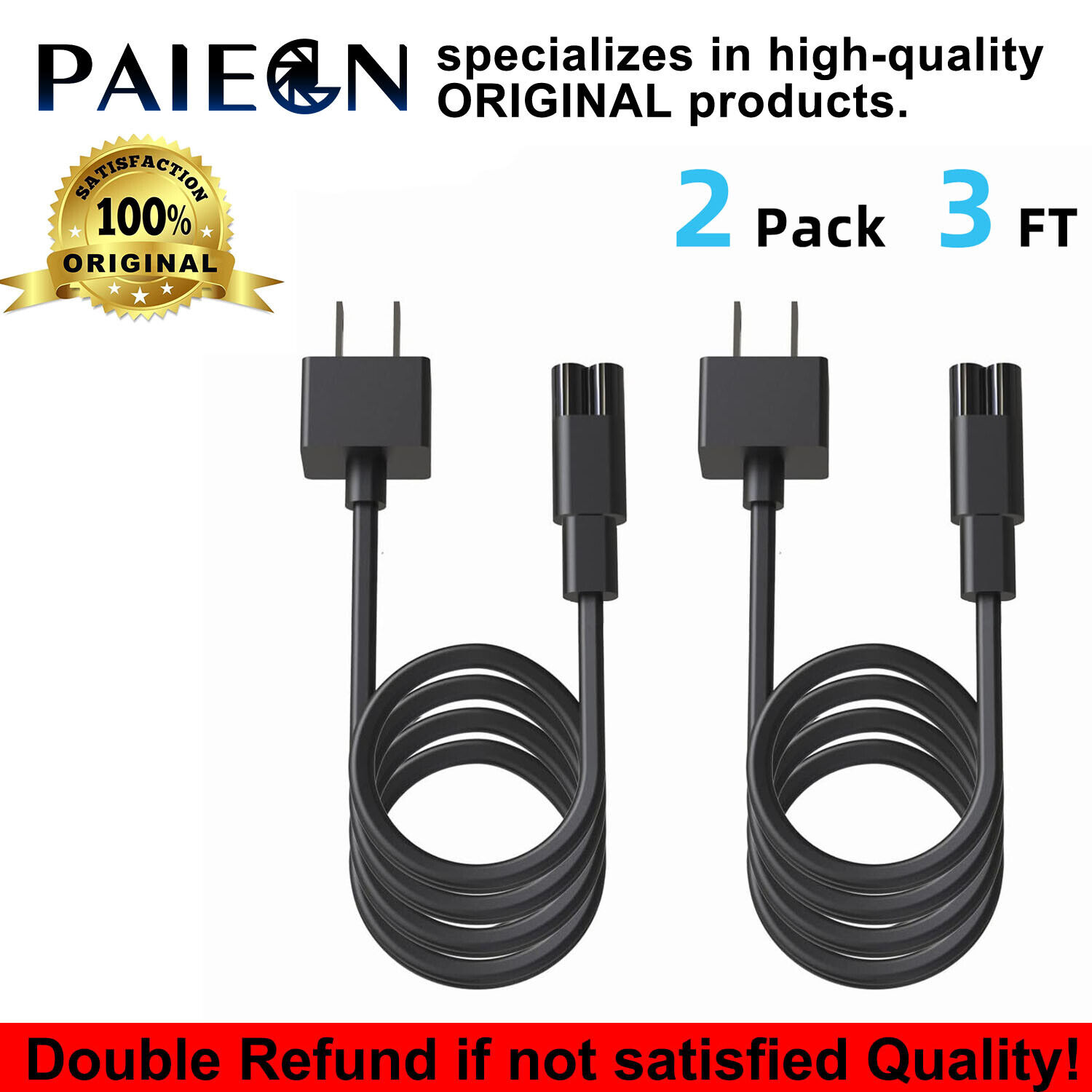 Paiegn 2 Pack AC Power Supply Cord Cable 2 Prong For Desktop TV Monitor Printer
