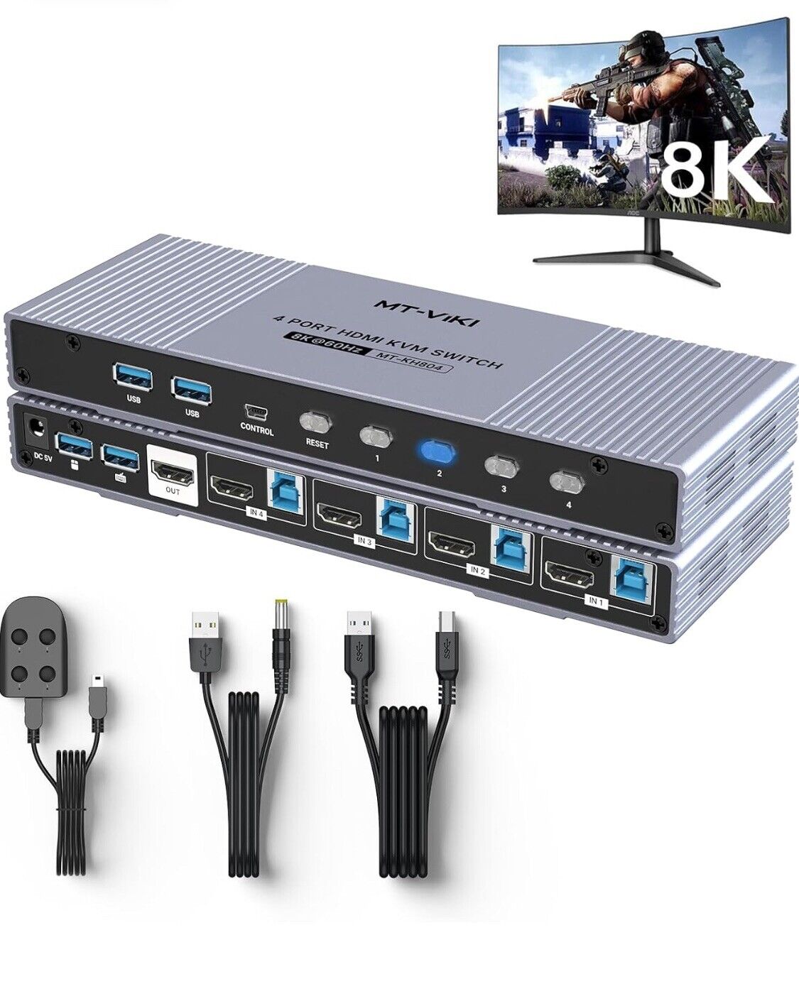 MT-VIKI 4K@120Hz/144Hz USB 3.0 HDMI KVM Switch 4 port 8K@60Hz, *No Cord*