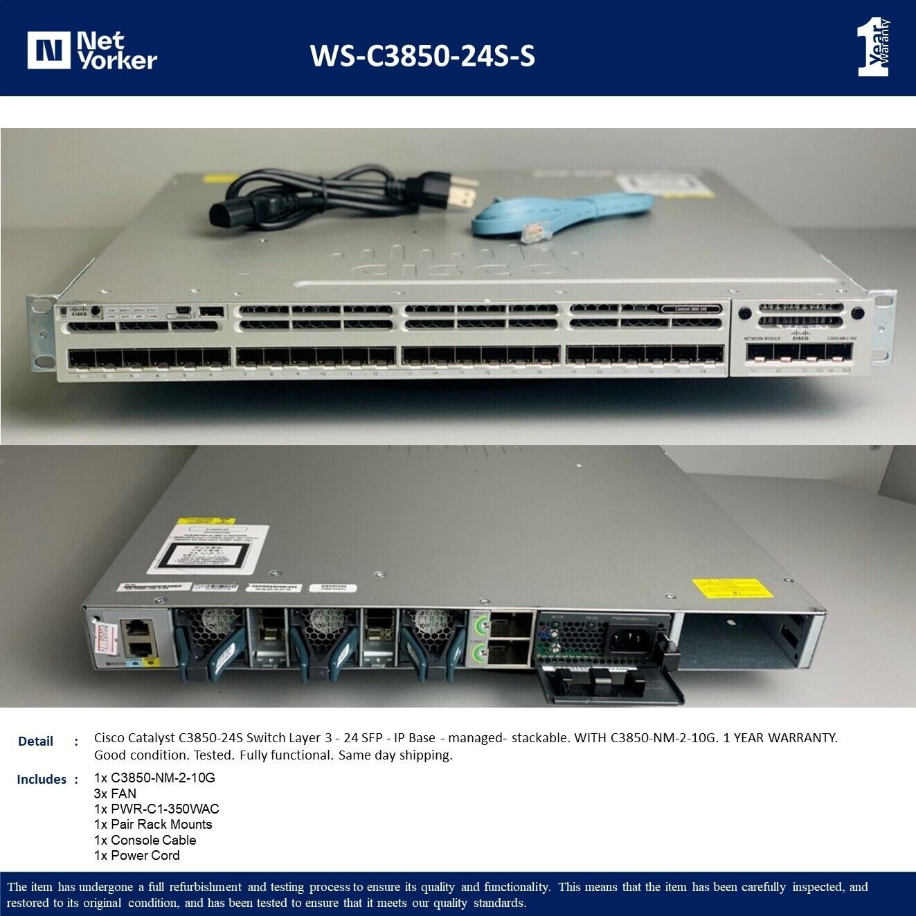 Cisco WS-C3850-24S-S 24 Port IP Base Switch - W/ 10G - Same Day Shipping