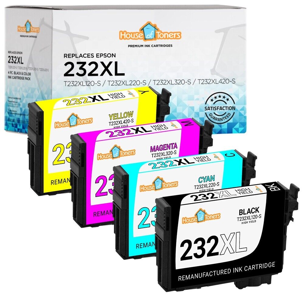 4PK 232XL Replacement Ink Cartridges for Epson T232XL (BCMY, 4-Pack)