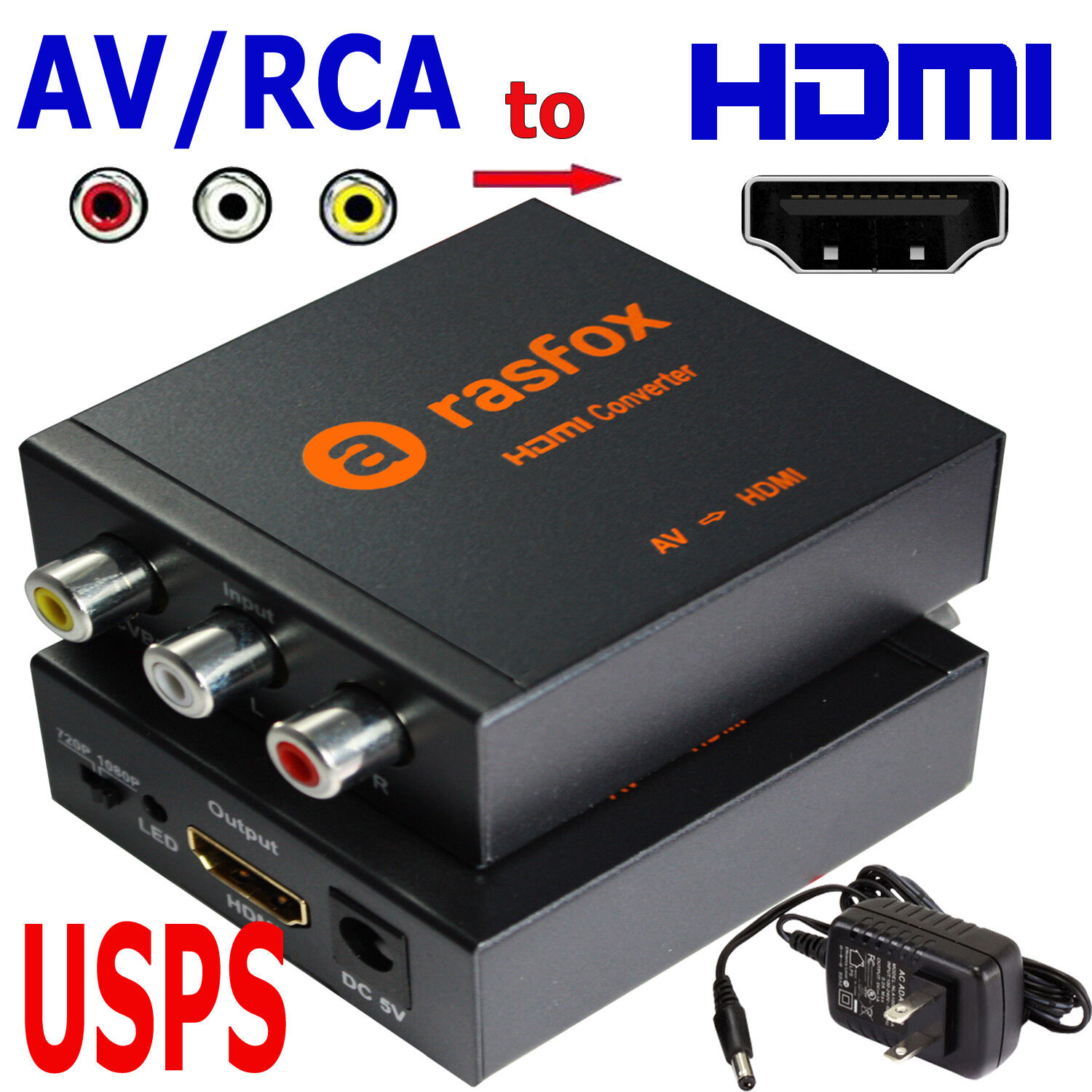 Powered AV RCA to HDMI Converter Box Composite CVBS Adapter 1080P 720P Upscaler
