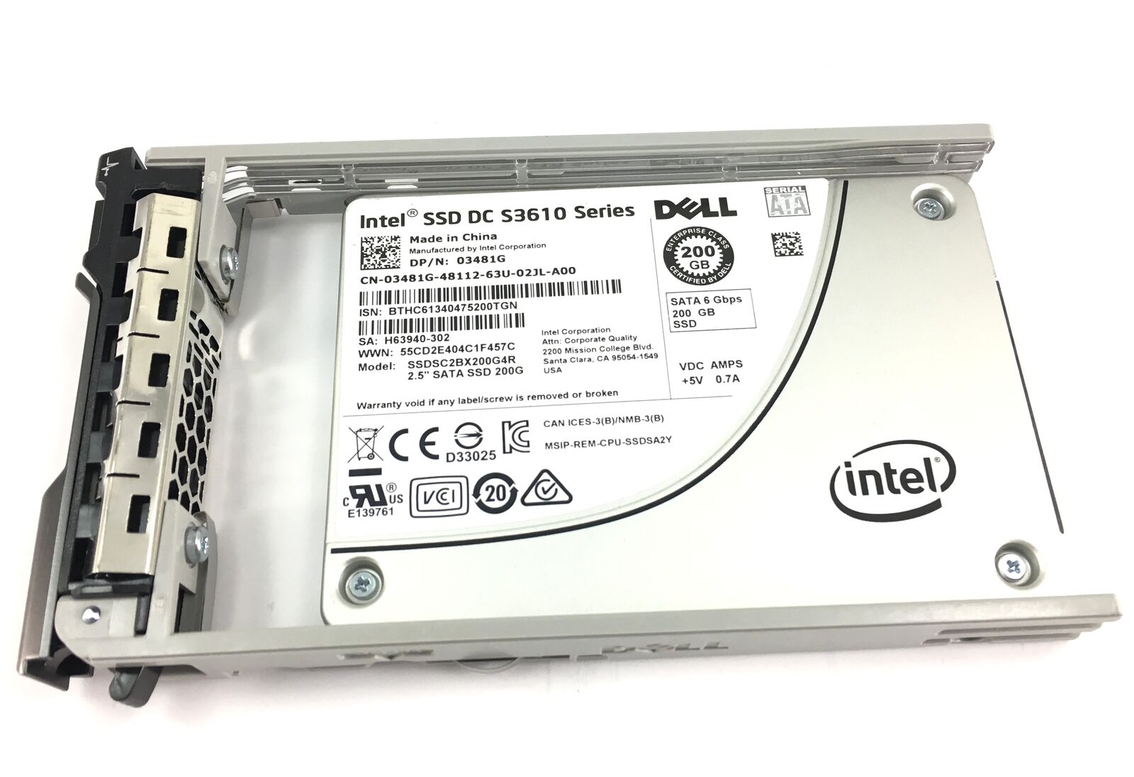 3481G Dell Intel SSD DC S3610 200Gb 6Gbps SATA 2.5'' SSD for R630 R730 
