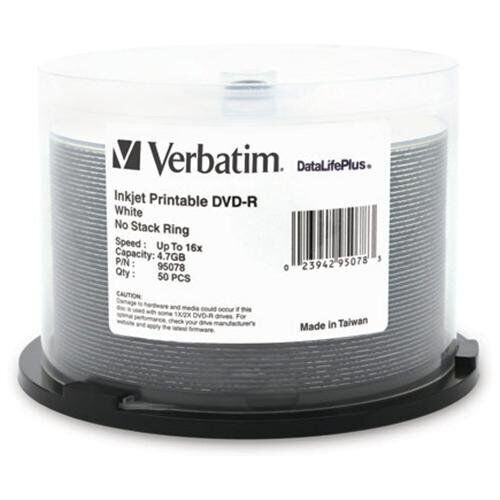 Verbatim DVD-R 4.7GB 16X DataLifePlus White Inkjet 50pk Spindle (95078)