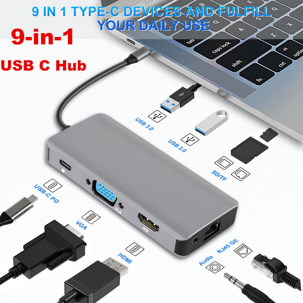 9-in-1 USB Type-C Docking Station Hub Adapter USB 3.0 4K HDMI SD VGA RJ45 PD100W