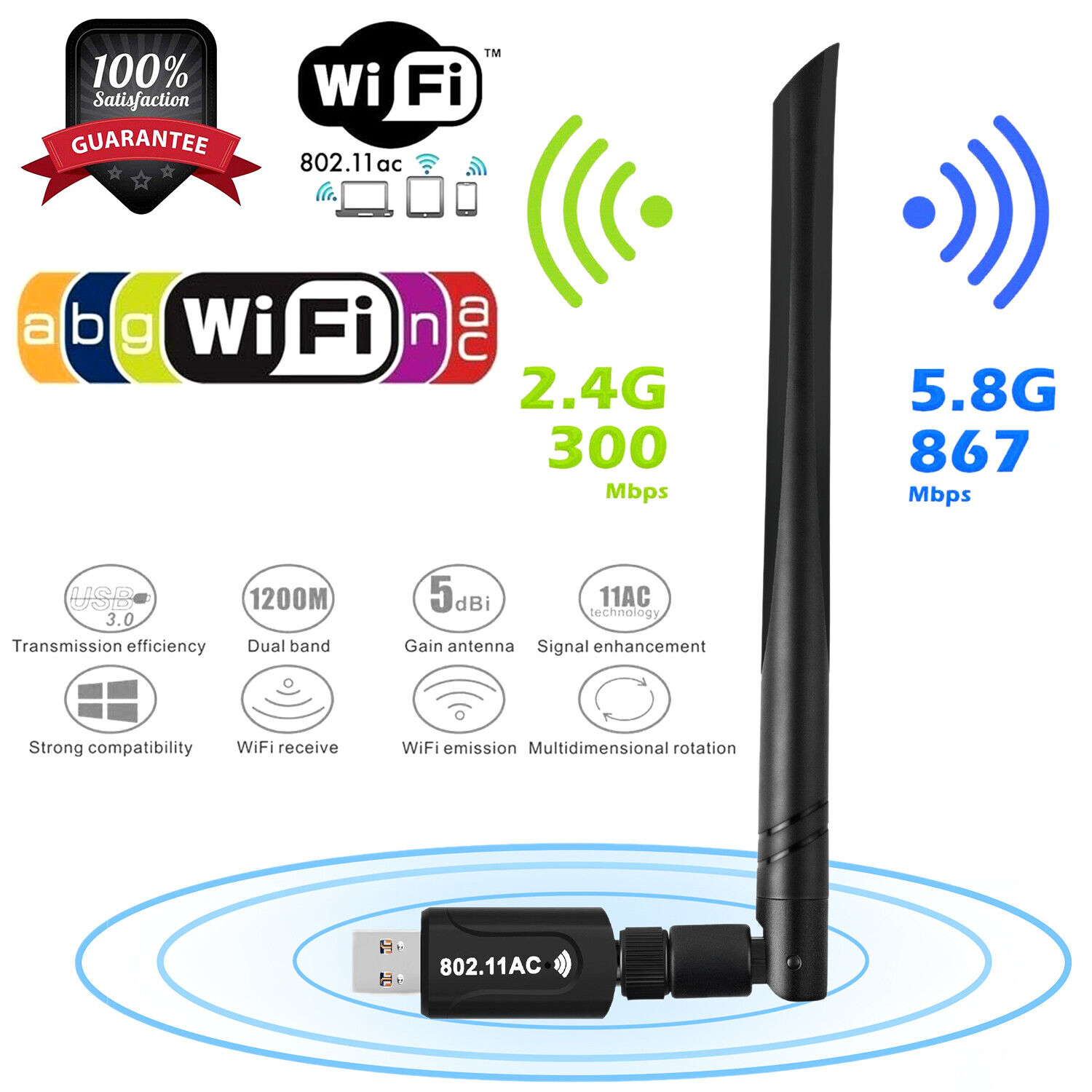 1200Mbps Wireless USB Wifi Adapter Dongle Dual Band 2.4G/5GHz W/Antenna 802.11AC