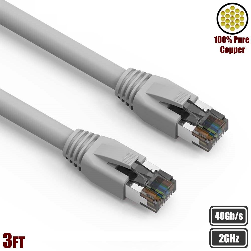 3FT Cat8 RJ45 Network LAN Ethernet S/FTP Patch Cable Copper 2GHz 40Gbps Gray