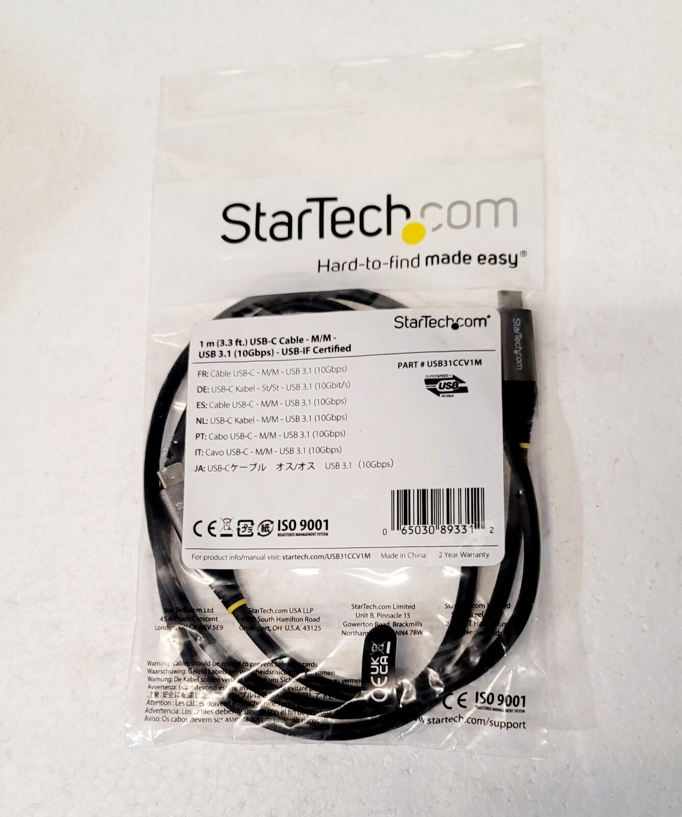 StarTech.com 3.3' Display Port Cable Gray/Black, USB type C,  M/M (USB31CCV1M) 