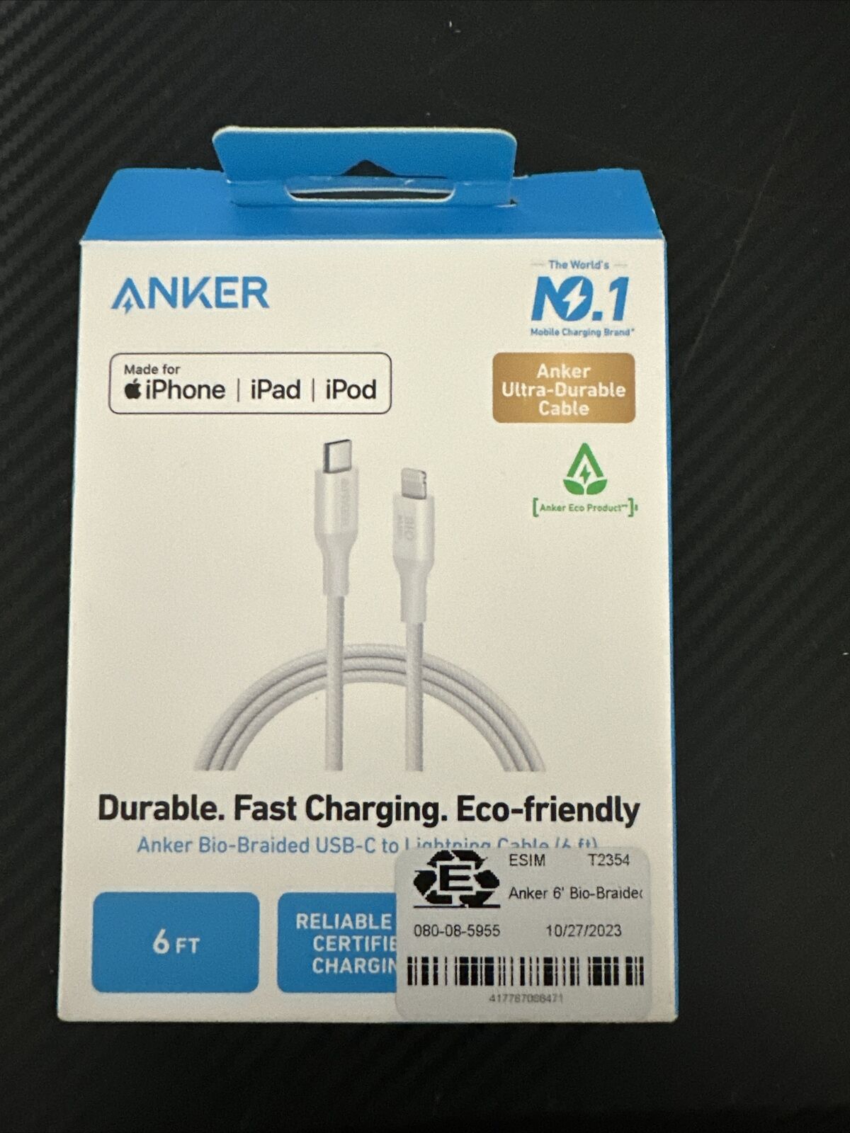 ANKER Bio Braided Lighting to USB C Cable 6FT WHITE iPhone iPad