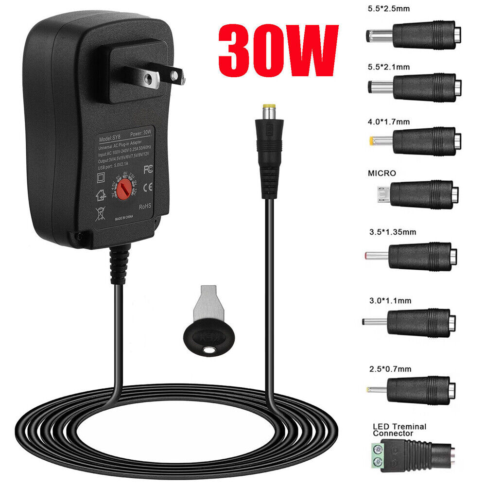 Universal Adjustable Voltage Power Supply AC/DC Adapter US Plug Charger 8Tip 30W