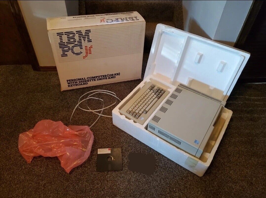 IBM PCjr Vintage Computer 4860 w/ Racore Drive Two Plus, Keyboard & Box UNTESTED