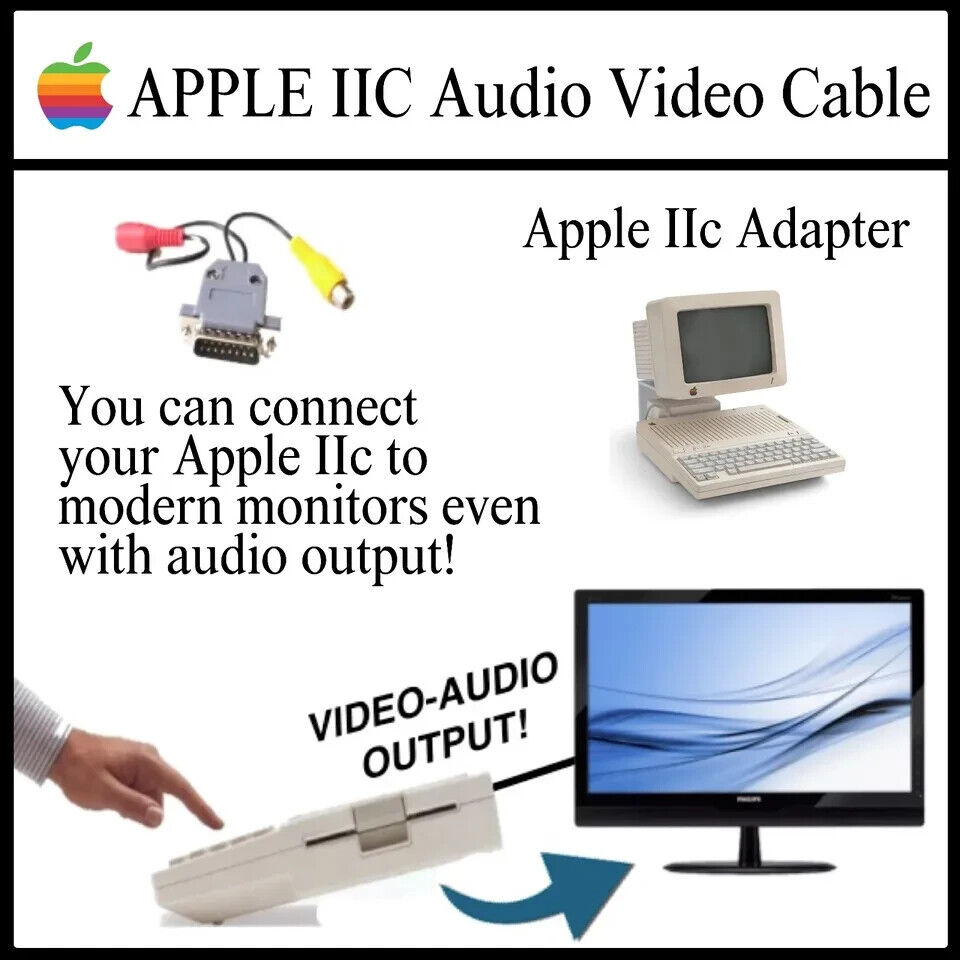 Apple II IIc adapter cable Audio Video LCD RGB out connector modern Displays