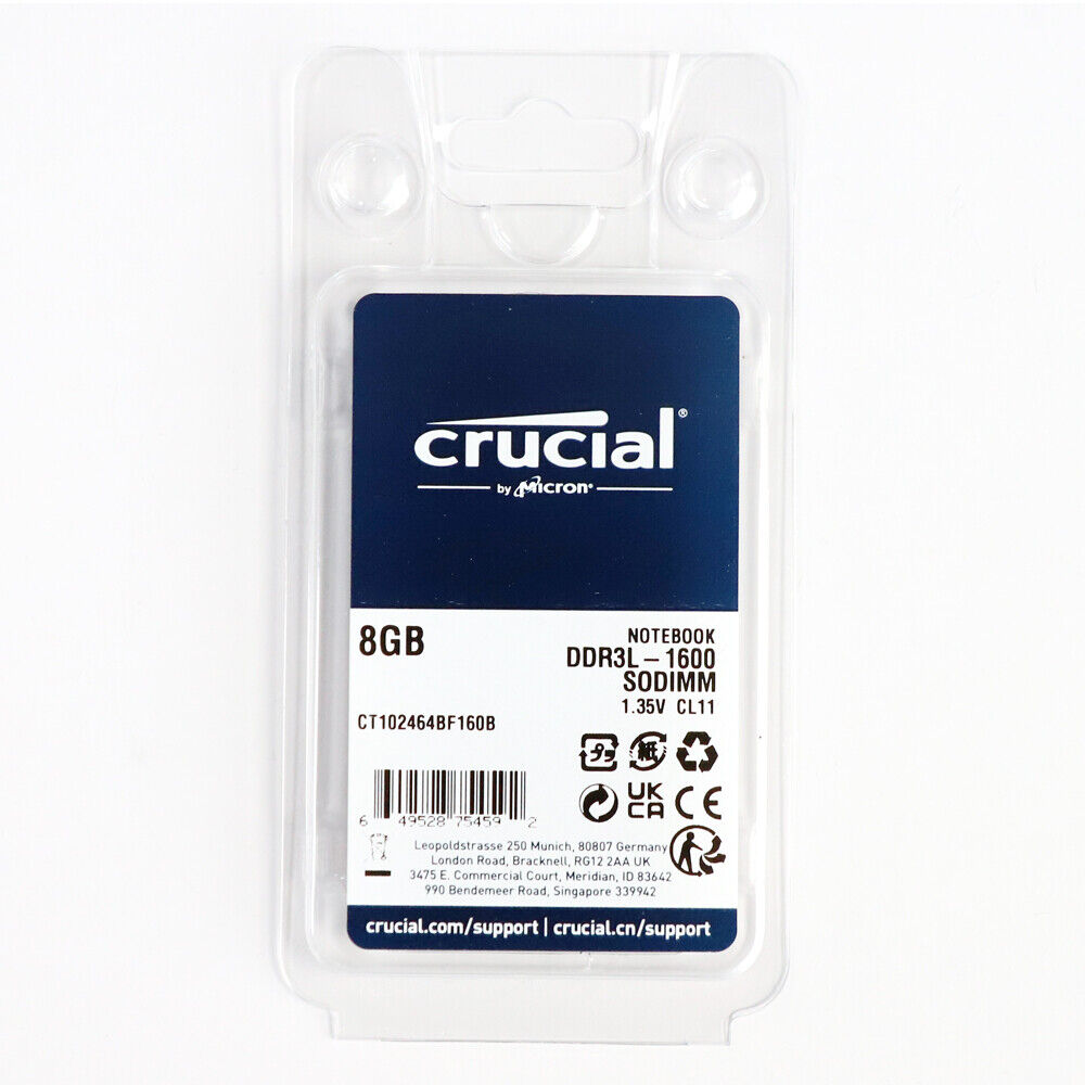 Crucial 8GB 2Rx8 PC3L-12800 DDR3L-1600Mhz SODIMM Memory Notebook  CT102464BF160B
