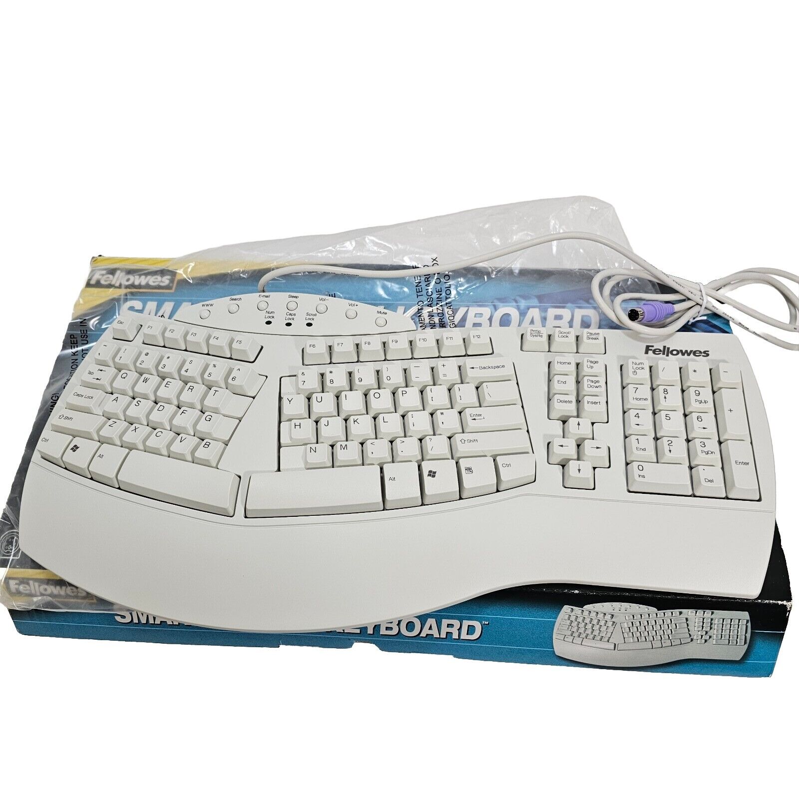 Fellowes Microban Ergonomic Wired PS/2 Keyboard KB-9938 New Open Box With CD