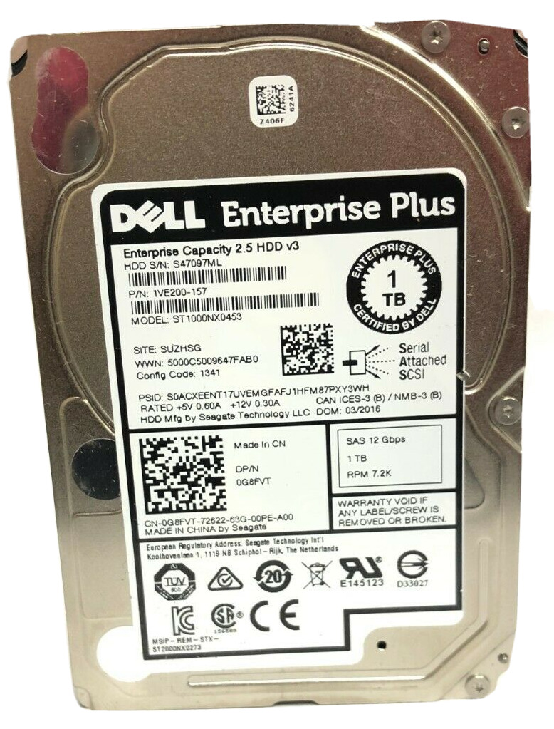 G8FVT Dell Compellent 1TB SAS 12Gb/s 7.2K 2.5in HDD ST1000NX0453 0G8FVT