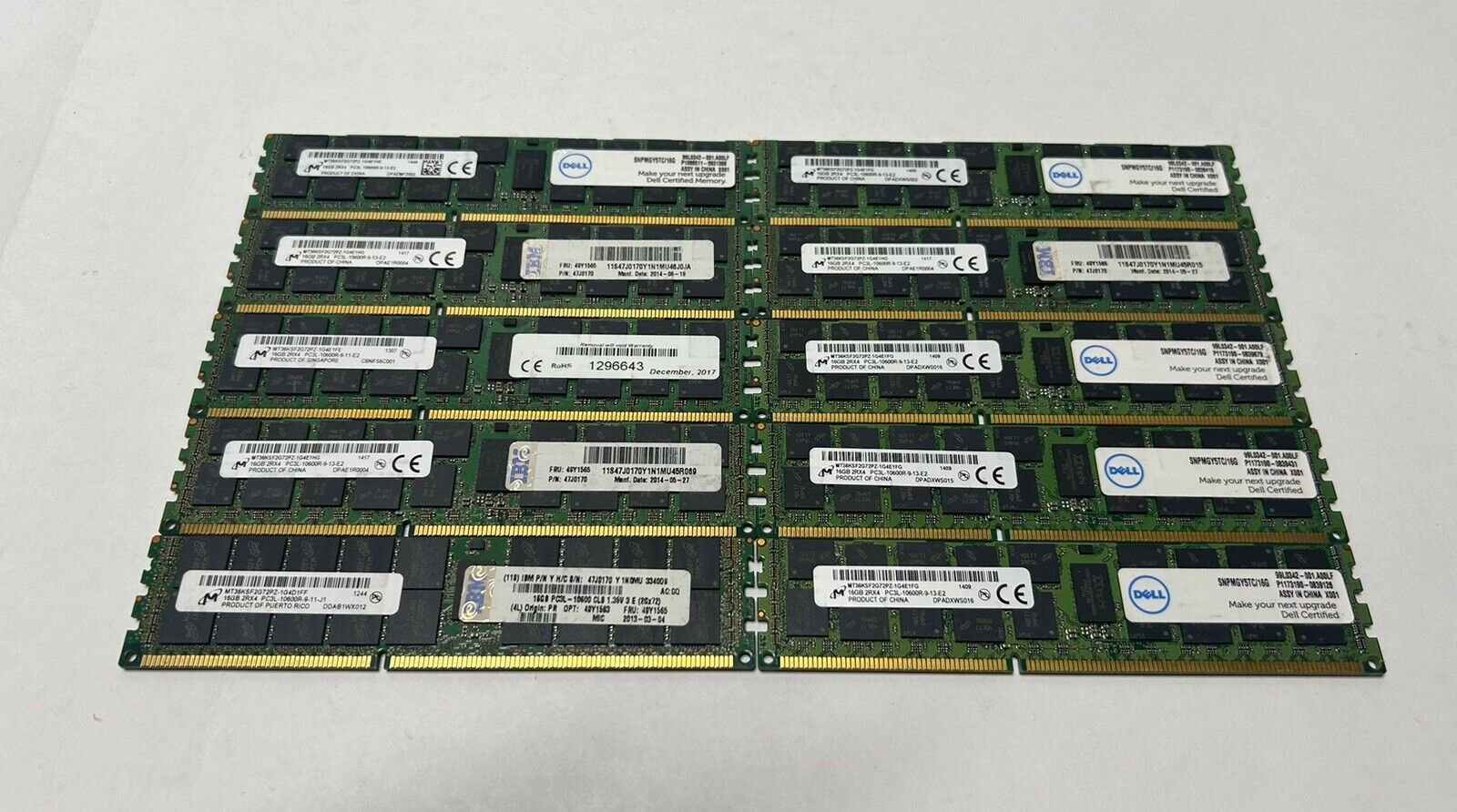 Lot of 10 Micron DDR3 16GB 2Rx4 PC3L-10600R RDIMM ECC Server Memory RAM