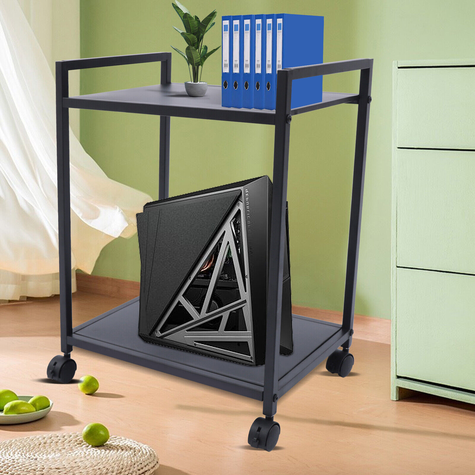 Computer Tower Stand 2-Tier CPU Stand Cart Floor PC Holder with Lockable Black
