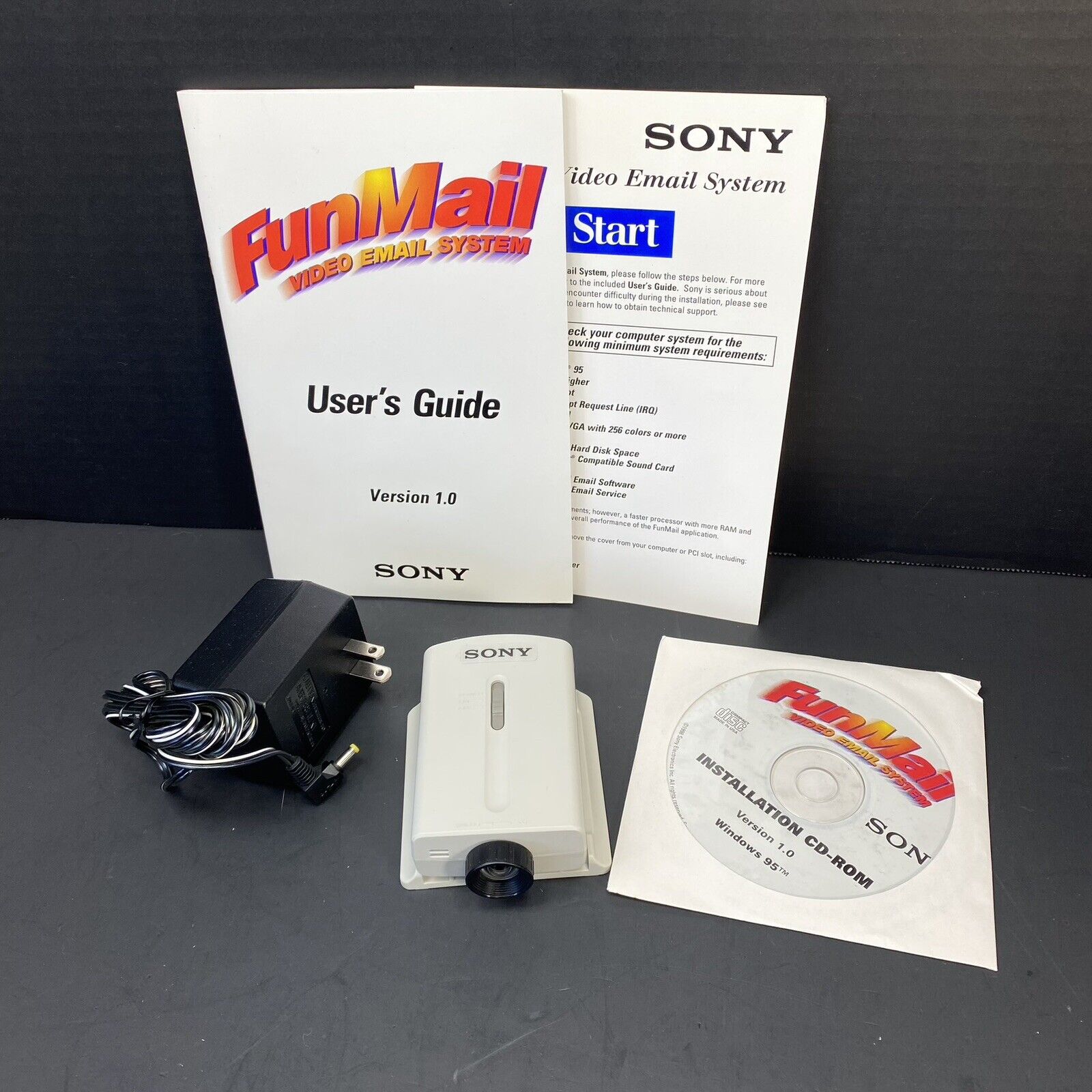 Vtg Sony Funmail Email Videoing System 1.0 Windows 95 Color Camera HTF 1995