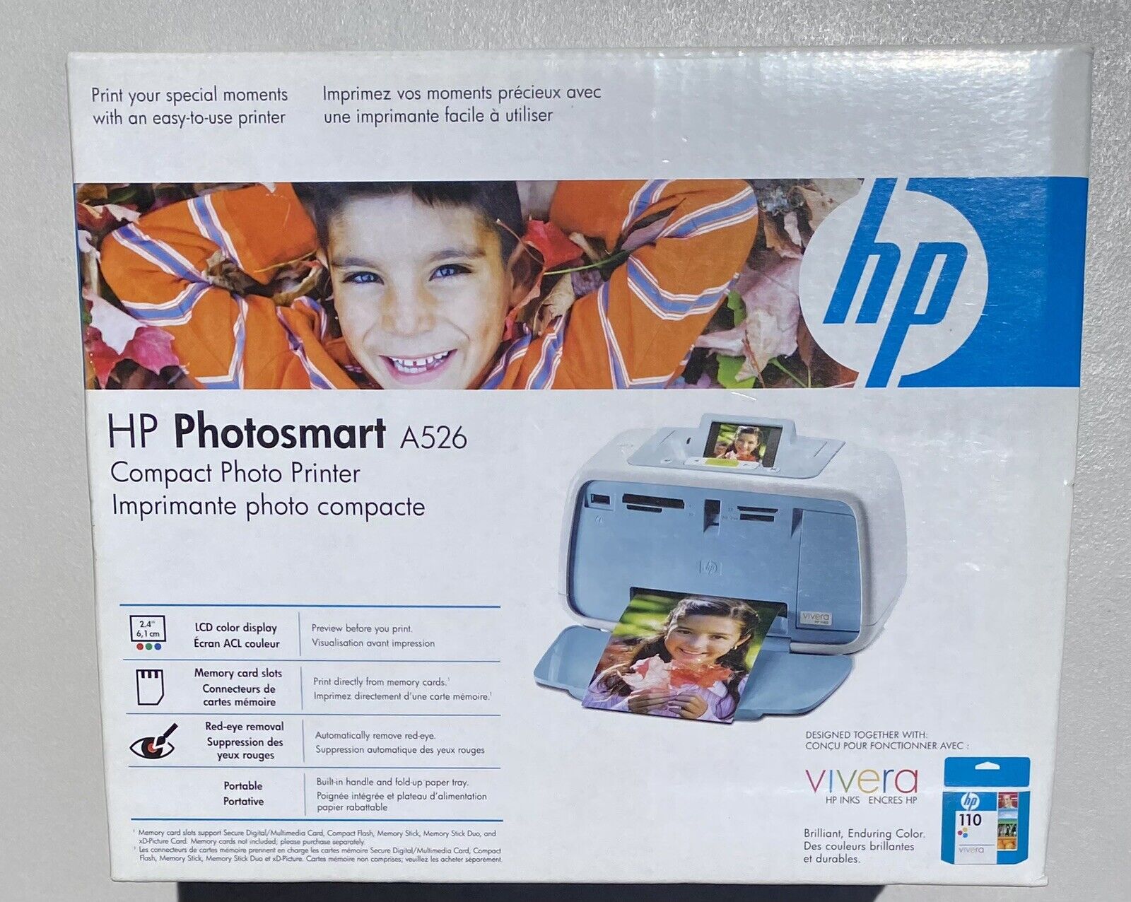 SEALED HP Photosmart A526 Compact Photo Printer Vivera 110 Ink LCD Display