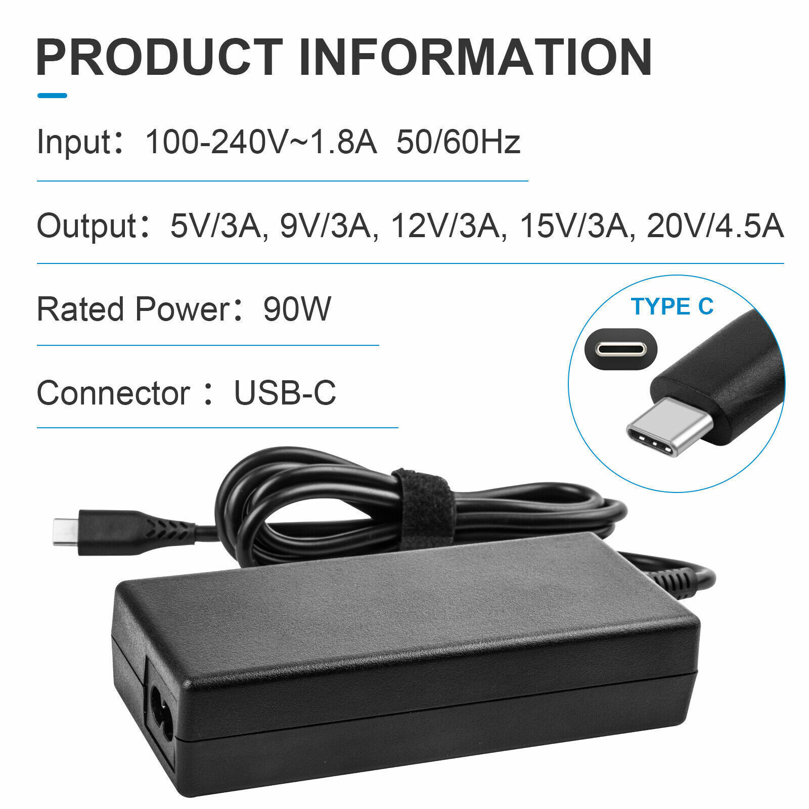 Universal 90W USB-C Type-C AC Adapter PD Power Supply Laptop Charger Cable Cord
