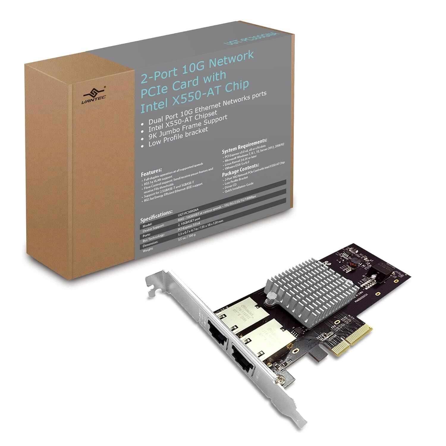 Vantec 2-Port 10G Network PCIe Card with Intel X550-AT Chip with Low Profile B