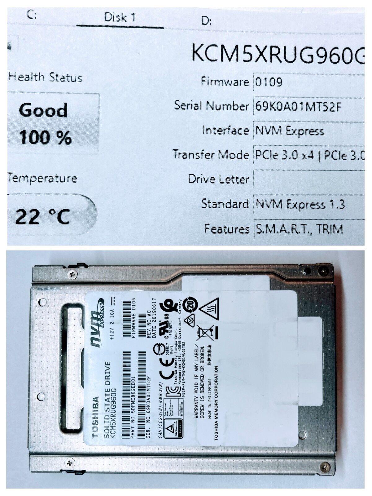 Kioxia 960GB U.2  NVMe SSD Toshiba KCM5XRUG960G,  Excellent 100% Good Health
