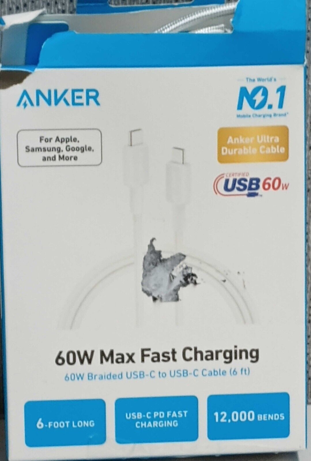 Anker 6' 60W Braided USB-C to USB-C Max Fast Charging Cable - White