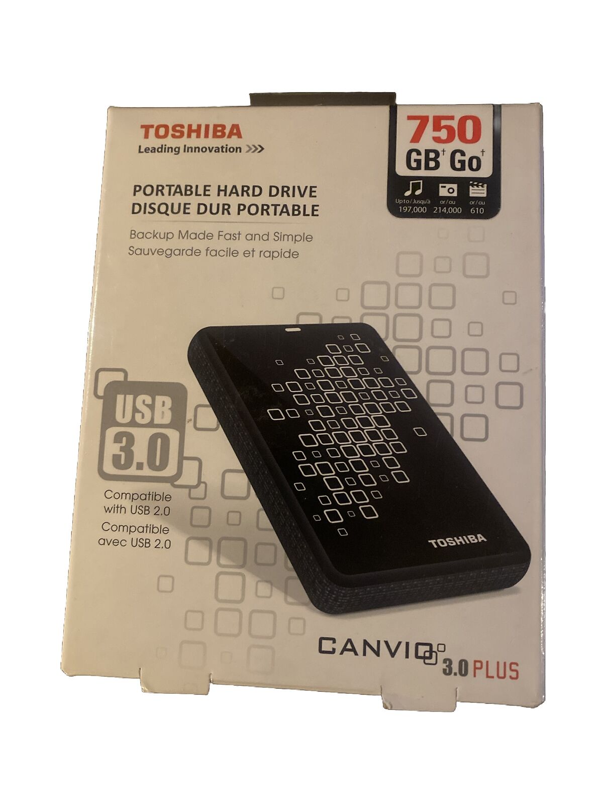 Toshiba 750 GB Canvio Black With White Accents 3.0 USB External Hard Drive New