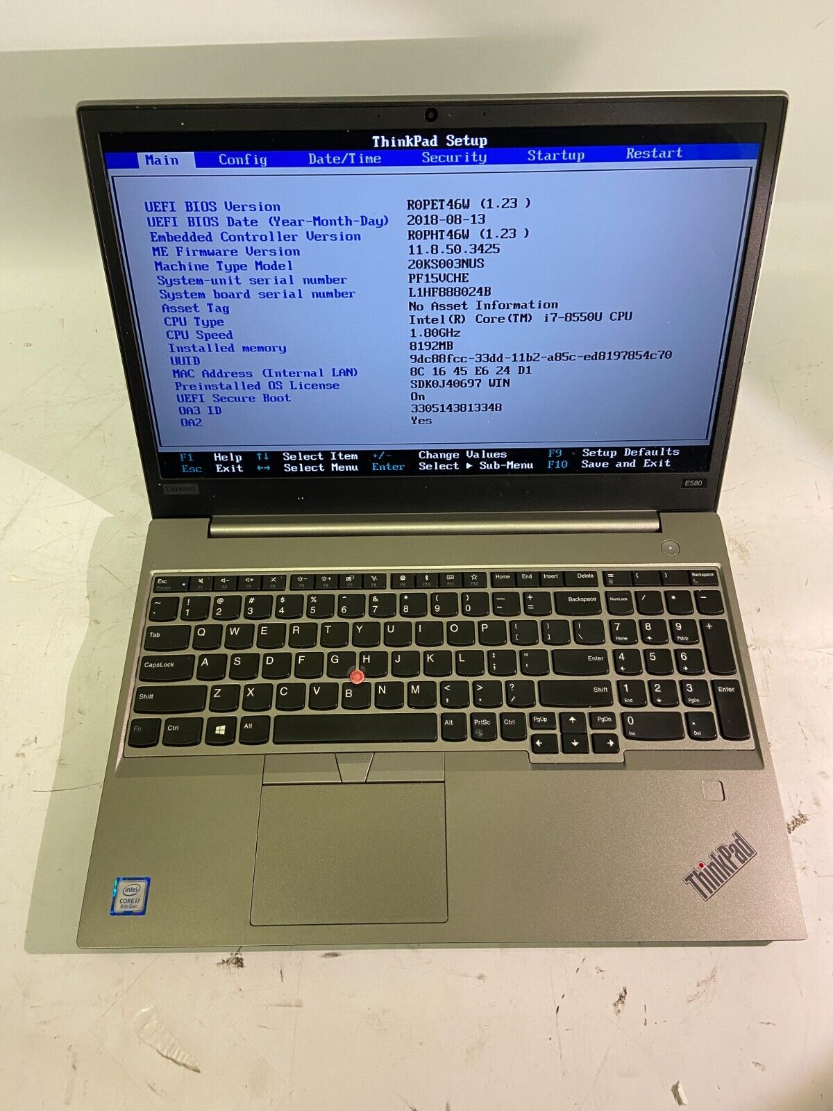 Lenovo ThinkPad E580 i7-8550U 8Gb 256Gb No OS
