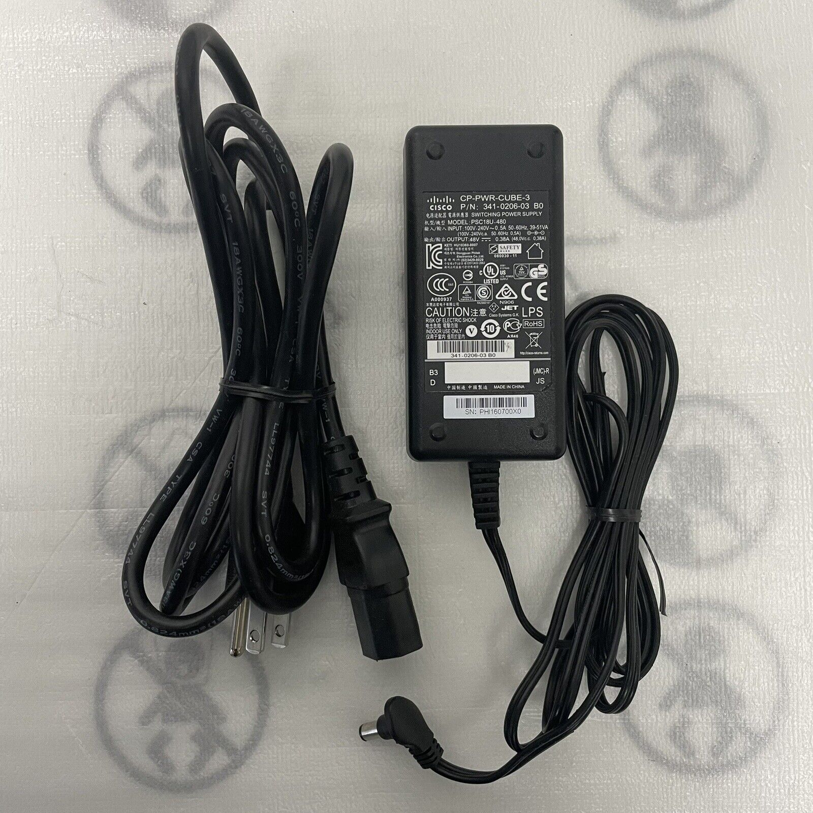 Genuine Cisco 48V 0.38A Power Adapter P/N 341-0206-03 / CP-PWR-CUBE-3