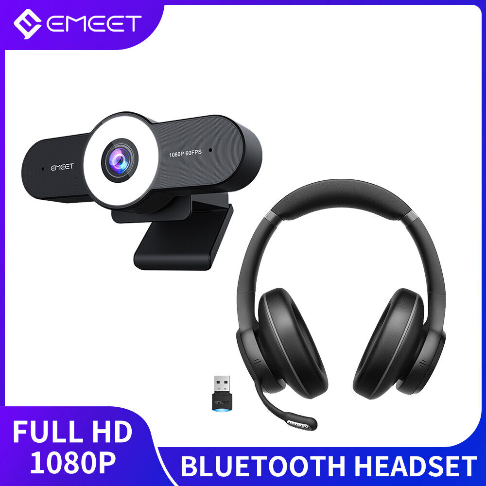 EMEET Bluetooth Headset Headphones W/Ring Light 1080P USB Webcam Web Camera Set