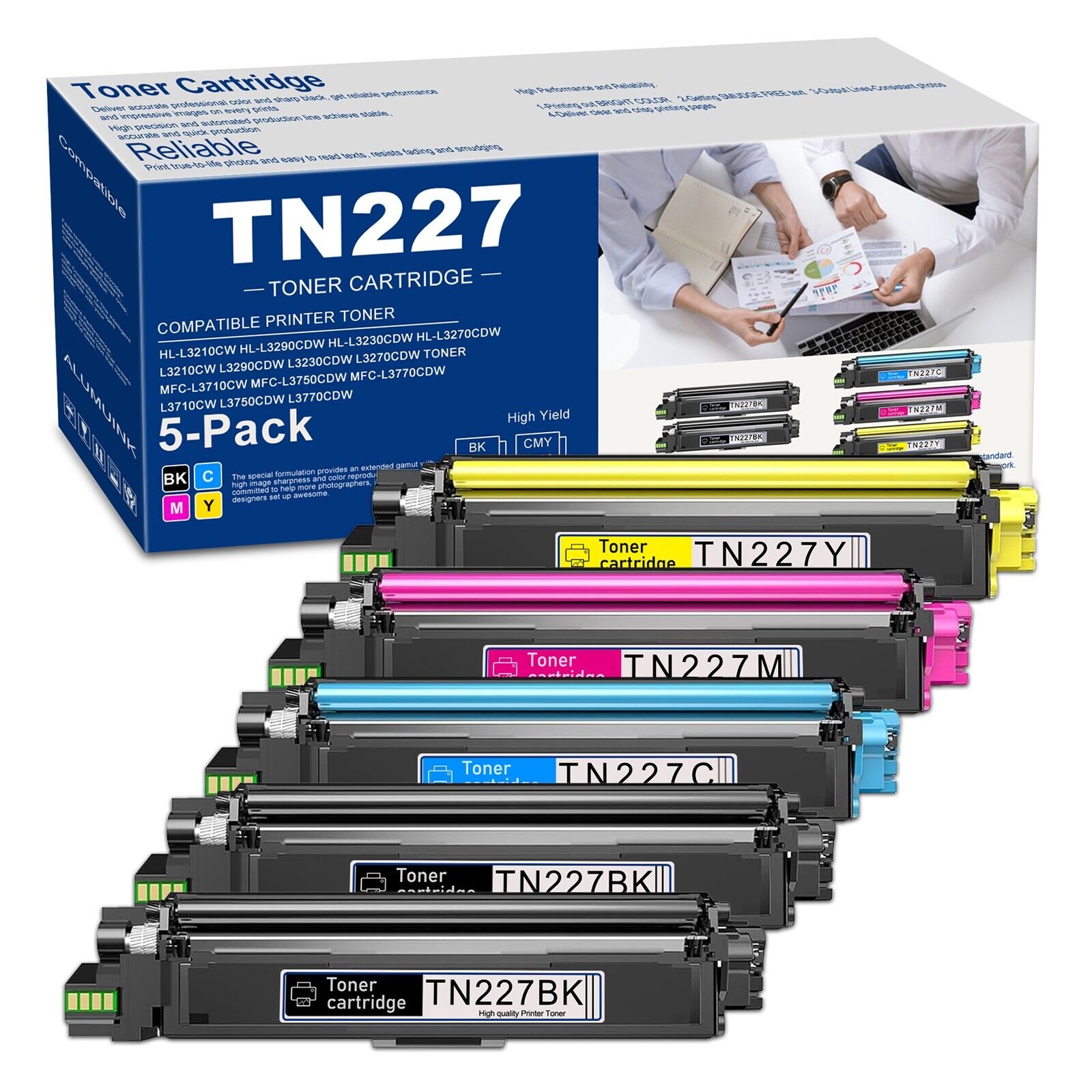 5PK TN227(2BK/C/M/Y) Toner Cartridge Replacement for Brother HL-L3210CW Printer