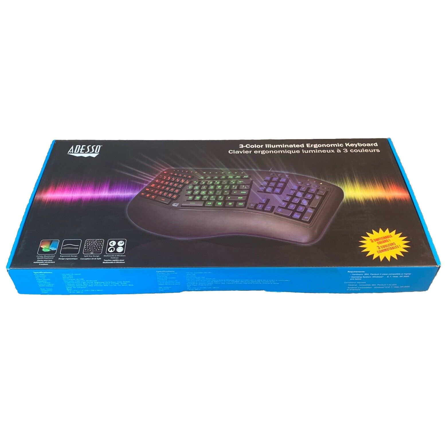 Adesso AKB-150EB RGB LED Color Illuminated Ergonomic Wired Keyboard USB Connect