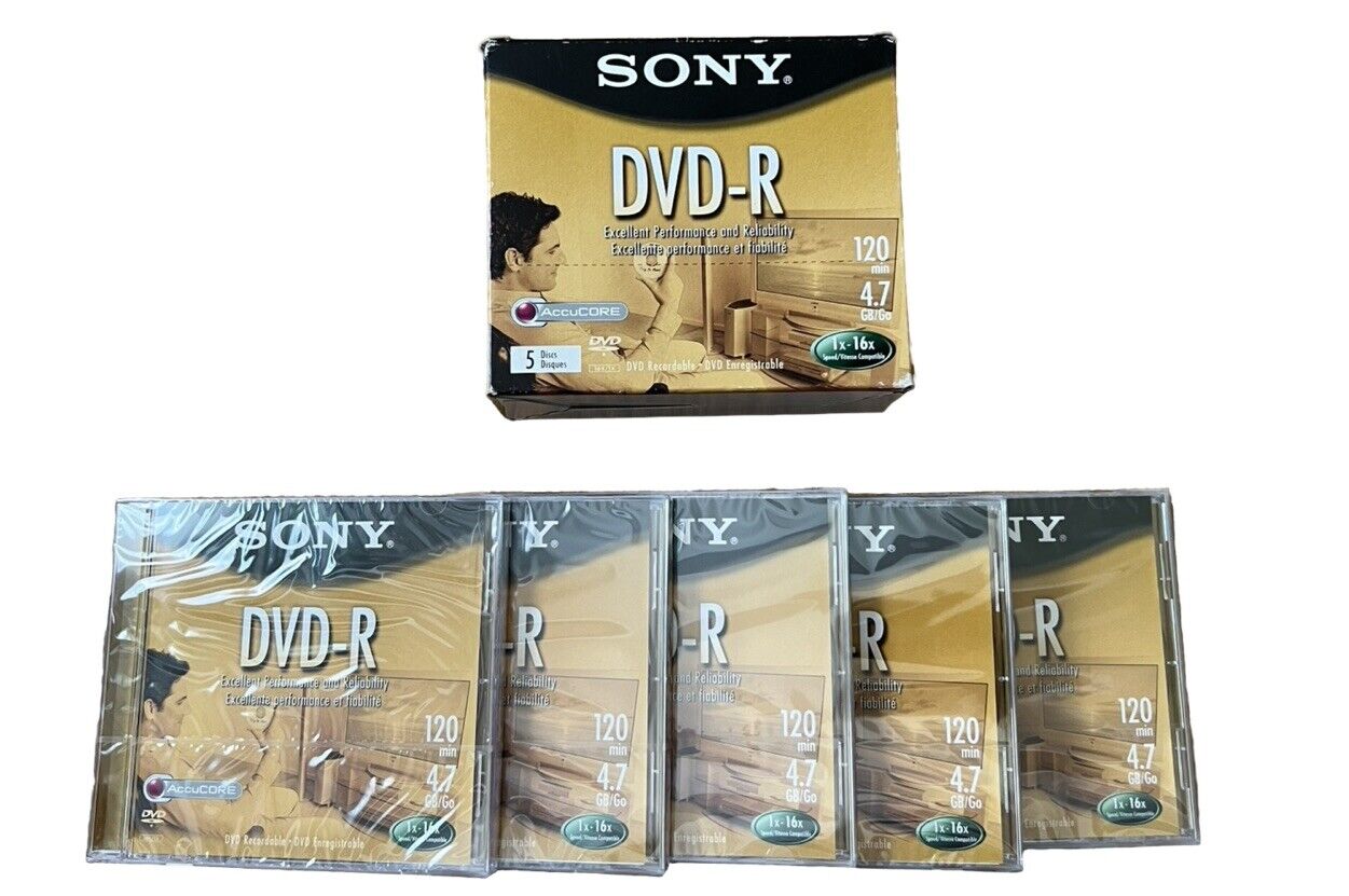 New Sealed Sony DVD-R Blank Media Discs 5 Pack With Cases 120 Min 4.7GB