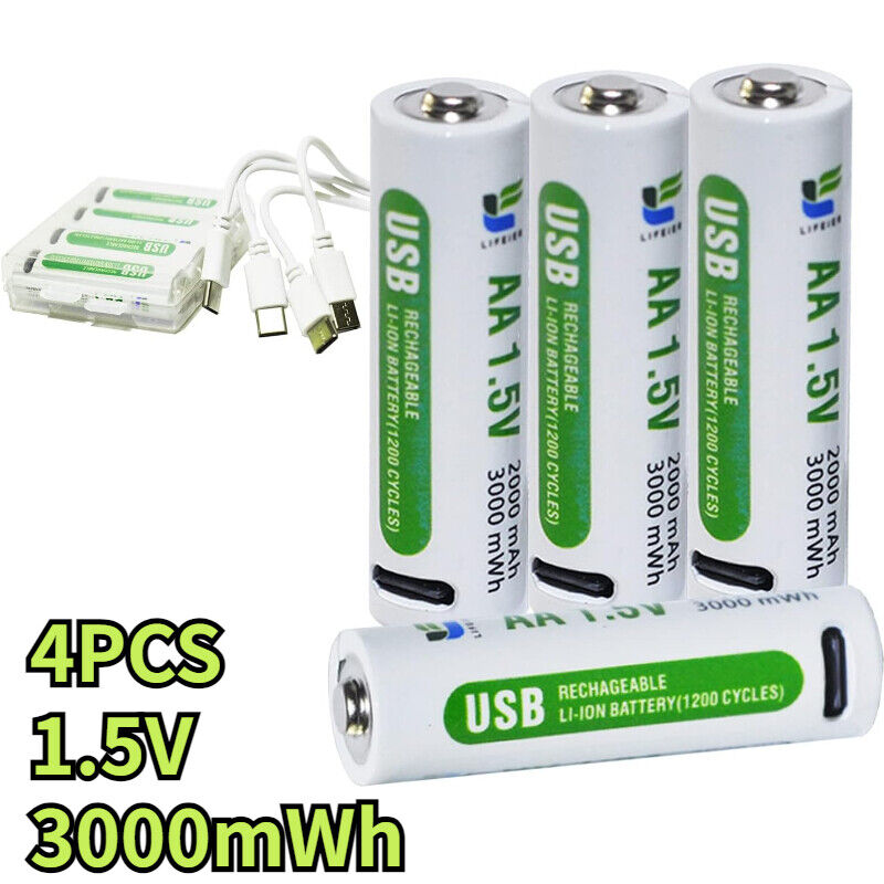 4 Pack AA Batteries 1.5V 3000mWh with USB Type C Charger Rechargeable USB Cable