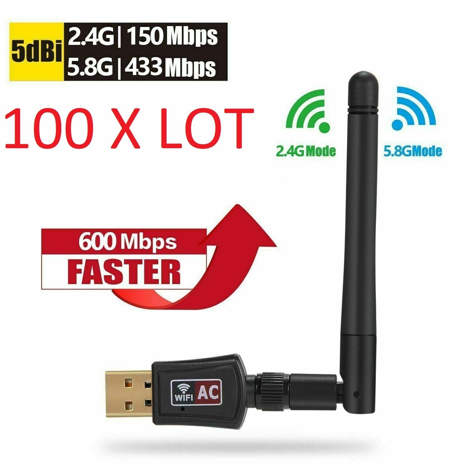 100 X AC600 Mbps Dual Band 2.4/5Ghz Wireless USB WiFi Network w/Antenna 802.11