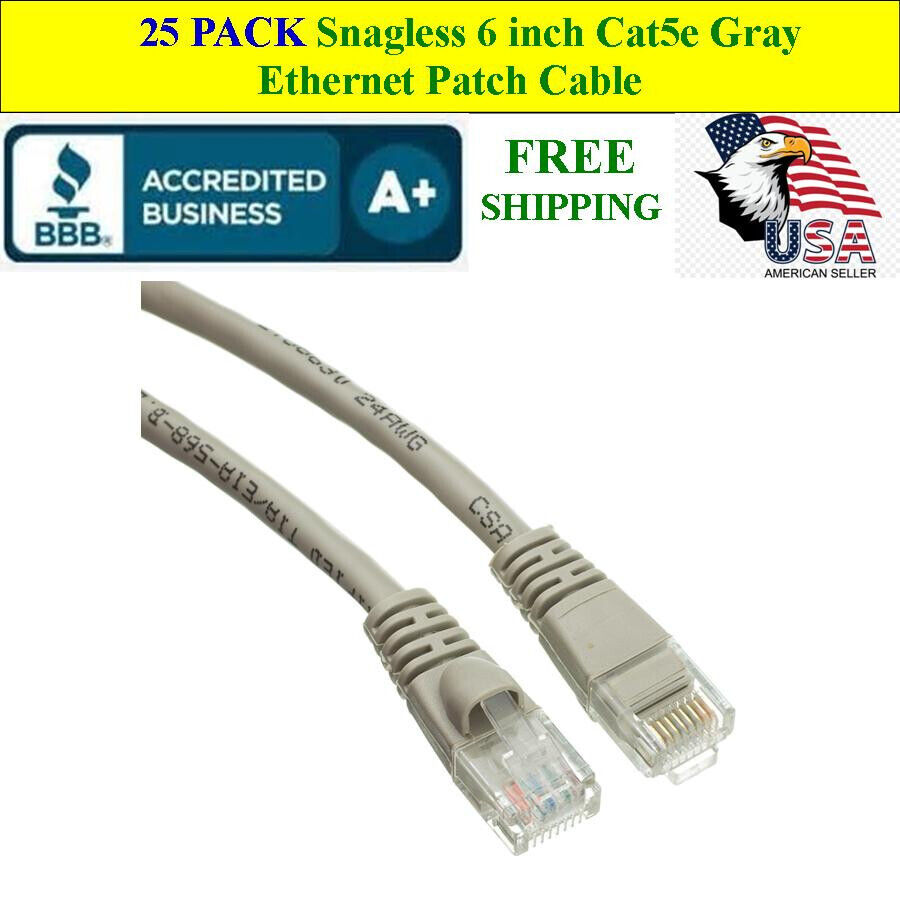 25 PACK 6 In Cat5e Gray Network Ethernet Patch Cable Computer LAN 1 Gbps 350MHz