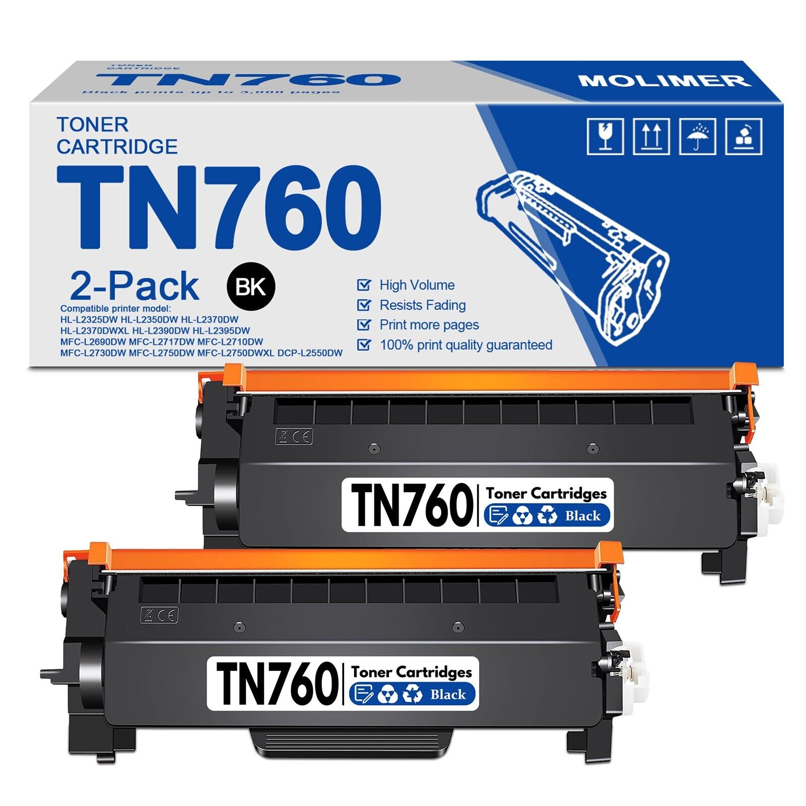 TN760 High Yield Toner Cartridge Replacement for Brother HL-L2325DW Printer 2BK