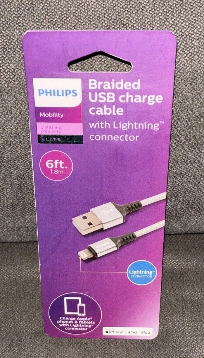 Philips USB 6Ft Braided🪫Charging Cable Lightning Connector Apple MFi Certified