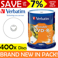 BULK 4x 100 Pack (400) Verbatim DVD-R 4.7GB White InkJet Spindle Disc DVD 95153 picture