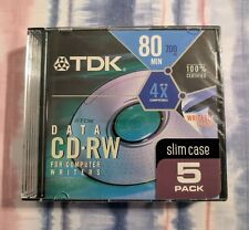 TDK CD-RW Rewritable Data CD's 1x-4x, 700MB 80 Minutes 5 Pack Slim Case - Sealed picture