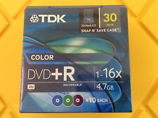 TDK DVD+R 4.7gb 16x - 30 Pack - Plastic Snap N' Save DVD Case - NEW In Box picture
