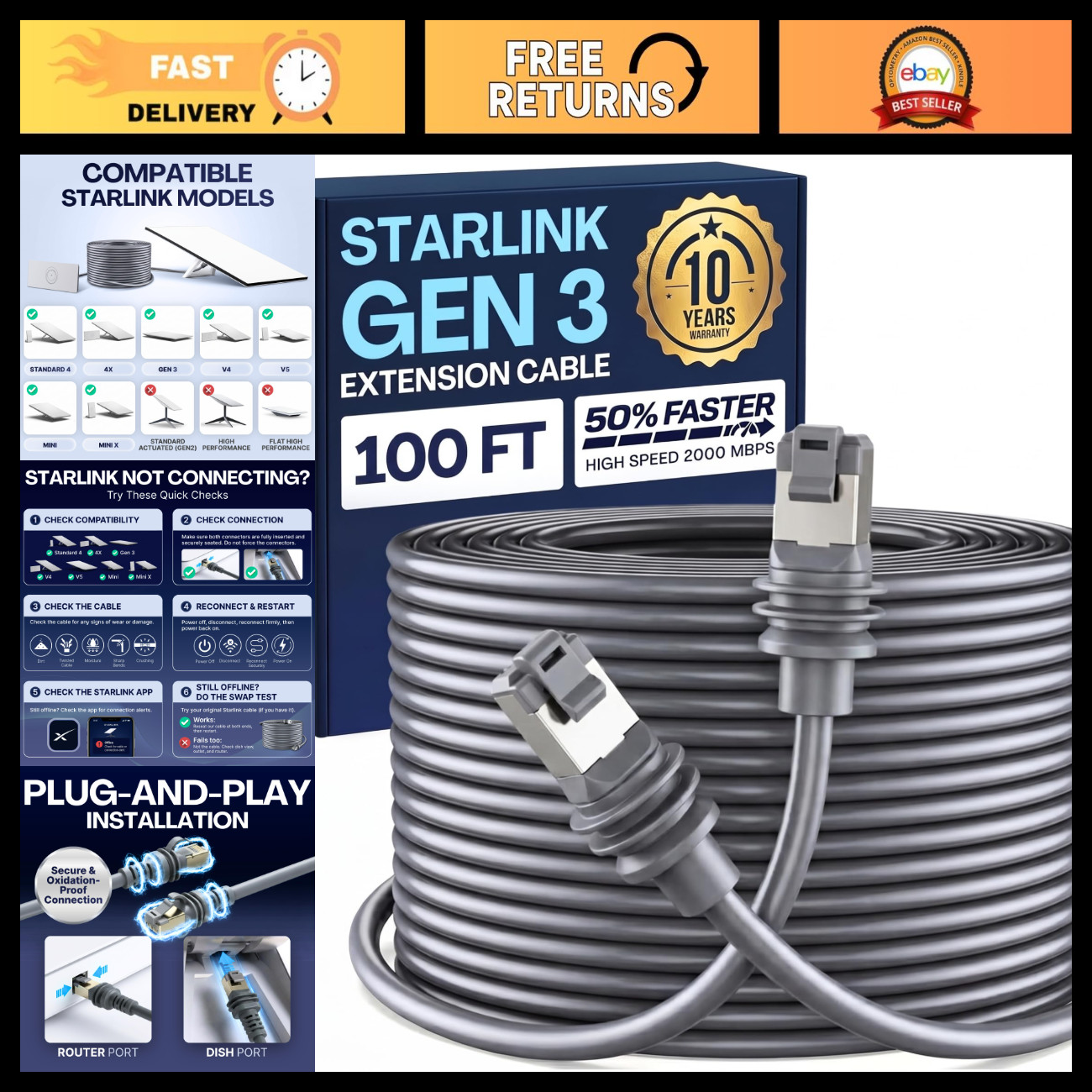 100FT Starlink Cable for Gen 3, V4, V5, Mini - High-Speed Internet Connection